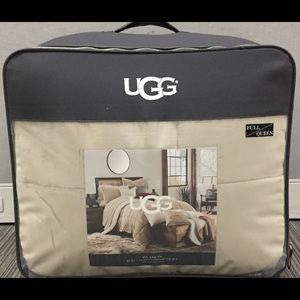 Ugg bedspread, pillowcases, and white fur throw